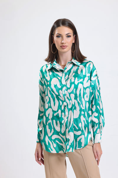 Cemine Women's Chic Teal Splash Print Button-Down Blouse