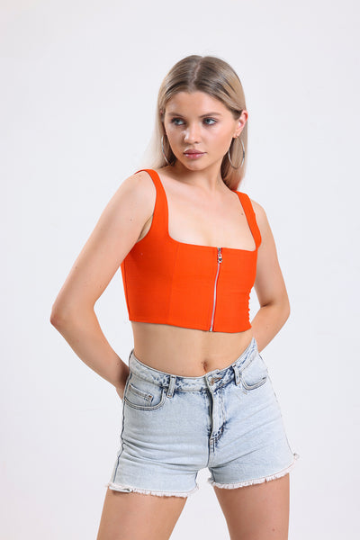 Cemine Women's Vibrant Orange Crop Top with Front Zipper