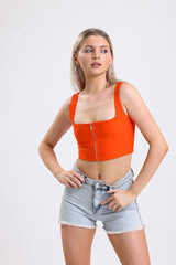 Cemine Women's Vibrant Orange Crop Top with Front Zipper