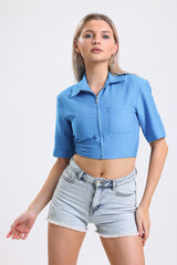 Cemine Women's Casual Chic Blue Cropped Zip-Up Blouse