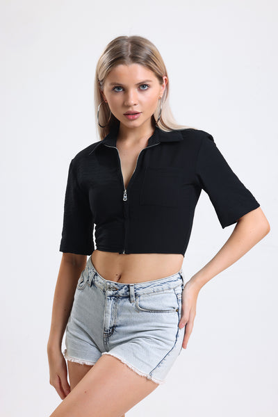 Cemine Women's Essential Black Cropped Zip Shirt