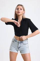 Cemine Women's Essential Black Cropped Zip Shirt