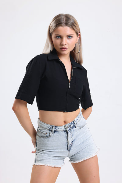 Cemine Women's Essential Black Cropped Zip Shirt