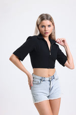 Cemine Women's Essential Black Cropped Zip Shirt