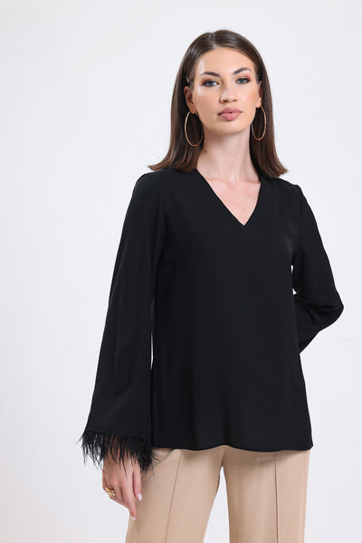 Cemine Women's Chic Black Blouse with Fringe Bell Sleeves