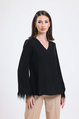 Cemine Women's Chic Black Blouse with Fringe Bell Sleeves