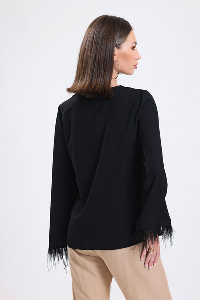 Cemine Women's Chic Black Blouse with Fringe Bell Sleeves