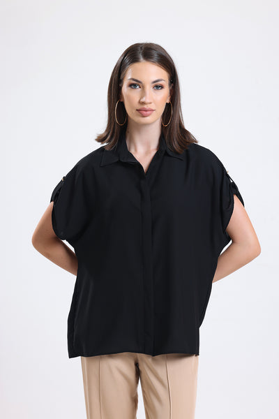 Cemine Women's Elegant Black Short-Sleeve Blouse