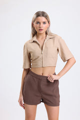 Cemine Women's Chic Beige Cropped Zip-Up Shirt