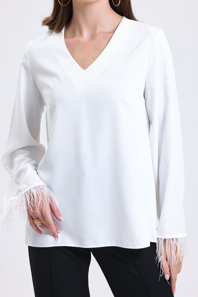 Cemine Women's Chic White V-Neck Blouse with Fringe Detail Sleeves