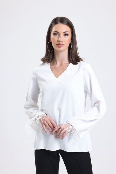 Cemine Women's Chic White V-Neck Blouse with Fringe Detail Sleeves