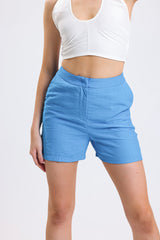 Cemine Women's Sky Blue Linen-Texture Viscon Shorts