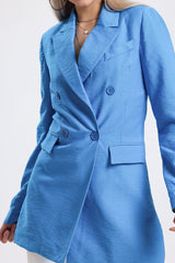 Cemine Women's Chic Sky Blue Linen-Textured Double-Breasted Blazer