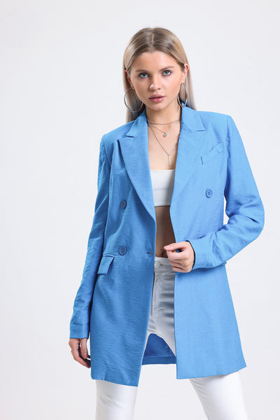 Cemine Women's Chic Sky Blue Linen-Textured Double-Breasted Blazer