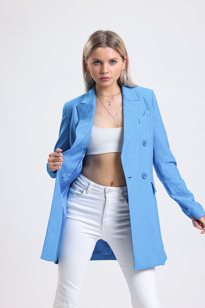 Cemine Women's Chic Sky Blue Linen-Textured Double-Breasted Blazer