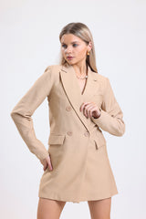 Cemine Women's Chic Beige Linen-Texture Double-Breasted Blazer Dress