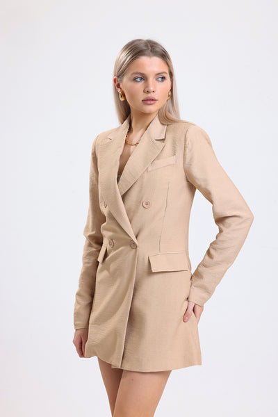 Cemine Women's Chic Beige Linen-Texture Double-Breasted Blazer Dress