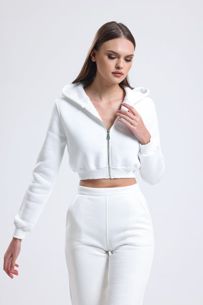 Cemine Women's Chic White Cropped Hoodie and Jogger Set