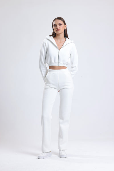 Cemine Women's Chic White Cropped Hoodie and Jogger Set