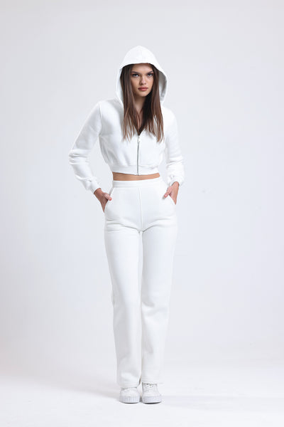 Cemine Women's Chic White Cropped Hoodie and Jogger Set