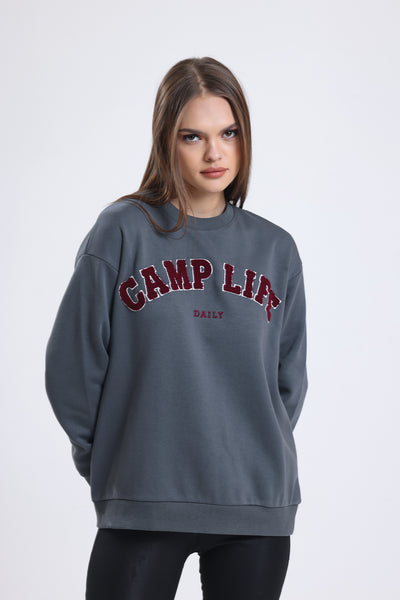 Cemine Women's Camp Life Embroidered Daily Sweatshirt in Charcoal