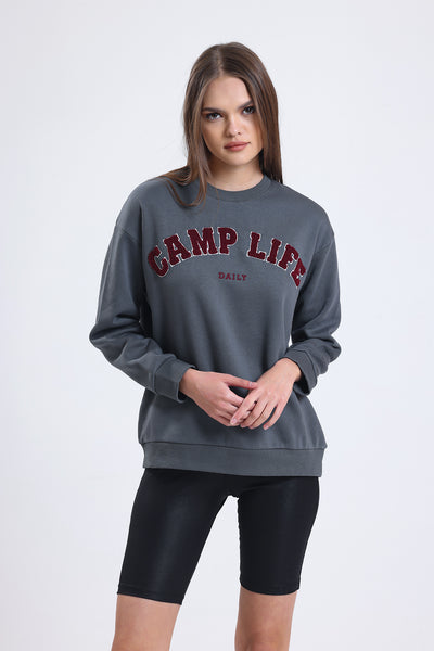 Cemine Women's Camp Life Embroidered Daily Sweatshirt in Charcoal