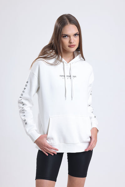 Cemine Women's White Cotton-Polyester Hoodie with Minimalist Text Design