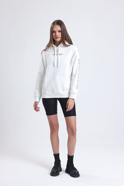 Cemine Women's White Cotton-Polyester Hoodie with Minimalist Text Design