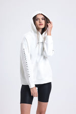 Cemine Women's White Cotton-Polyester Hoodie with Minimalist Text Design