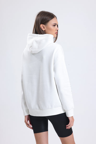 Cemine Women's White Cotton-Polyester Hoodie with Minimalist Text Design