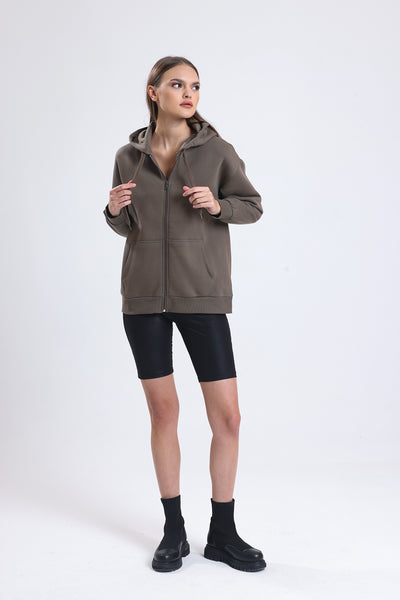 Cemine Women's Casual Zip-Up Cotton Hoodie in Taupe