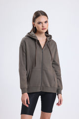 Cemine Women's Casual Zip-Up Cotton Hoodie in Taupe