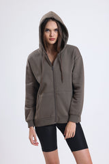 Cemine Women's Casual Zip-Up Cotton Hoodie in Taupe