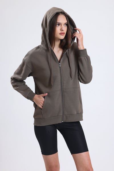 Cemine Women's Casual Zip-Up Cotton Hoodie in Taupe