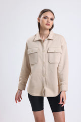 Cemine Women's Casual Beige Cotton Blend Shirt Jacket