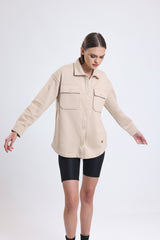 Cemine Women's Casual Beige Cotton Blend Shirt Jacket