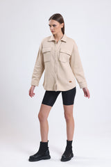 Cemine Women's Casual Beige Cotton Blend Shirt Jacket