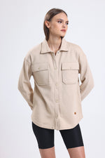 Cemine Women's Casual Beige Cotton Blend Shirt Jacket