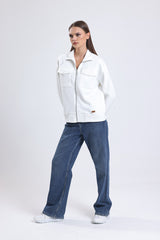 Cemine Women's Chic White Zip-Up Cotton-Poly Jacket with Front Pockets