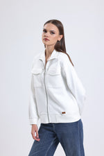 Cemine Women's Chic White Zip-Up Cotton-Poly Jacket with Front Pockets