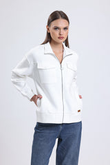 Cemine Women's Chic White Zip-Up Cotton-Poly Jacket with Front Pockets