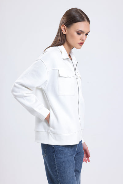 Cemine Women's Chic White Zip-Up Cotton-Poly Jacket with Front Pockets