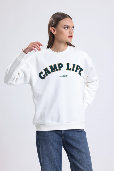 Cemine Women's Adventure-Ready 'CAMP LIFE' Cotton Sweatshirt White