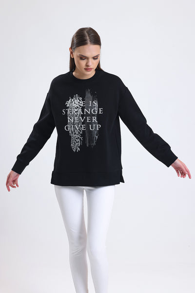 Cemine Women's 'Life is Strange Never Give Up' Motivational Black Sweatshirt