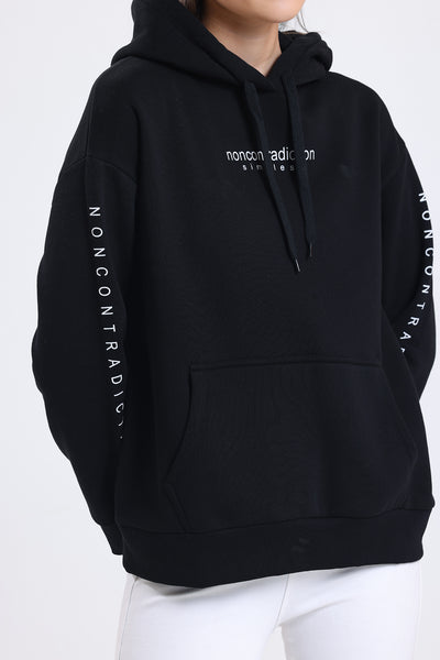 Cemine Women's Black Cotton-Polyester Hoodie with Minimalist Text Design