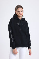 Cemine Women's Black Cotton-Polyester Hoodie with Minimalist Text Design