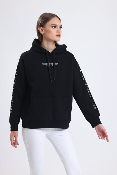 Cemine Women's Black Cotton-Polyester Hoodie with Minimalist Text Design