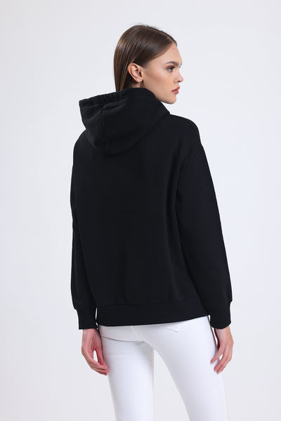 Cemine Women's Black Cotton-Polyester Hoodie with Minimalist Text Design