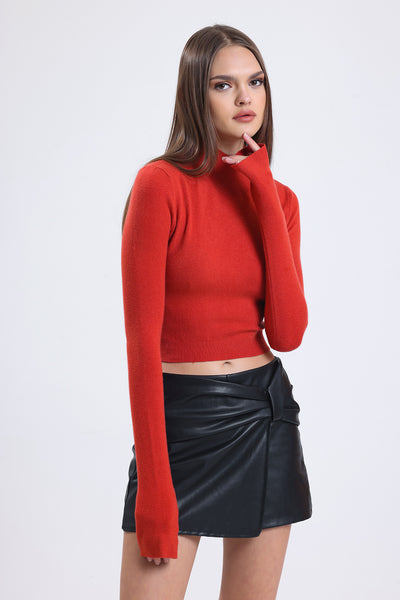 Cemine Vibrant Red Acrylic-Viscose Turtleneck Crop Top