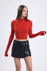 Cemine Vibrant Red Acrylic-Viscose Turtleneck Crop Top